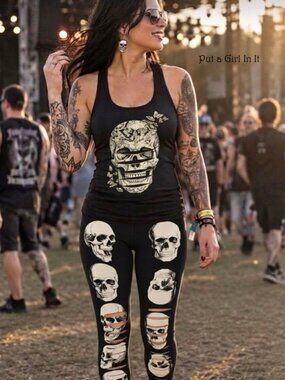 Vocal Apparel Women's Black Slashed Laser Cut Goth Skull Leggings S M L XL 1X